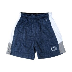 navy, white, and gray youth shorts with Penn State Athletic Logo on left thigh
